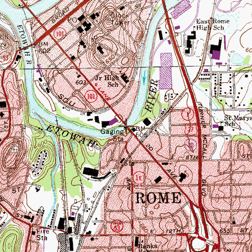 Topographic Map of East Rome Bridge, GA