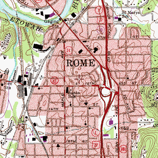 Topographic Map of East Rome School, GA