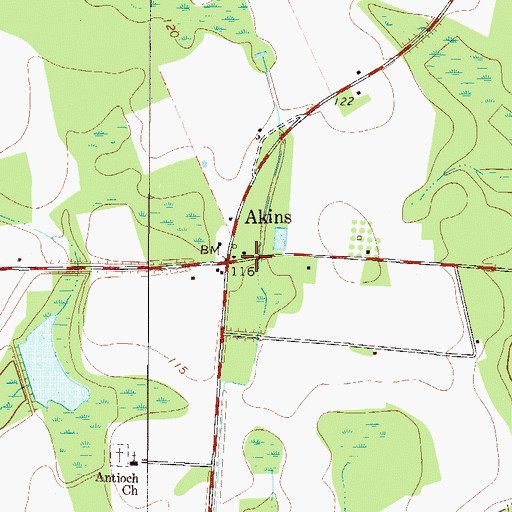 Topographic Map of Akins, GA