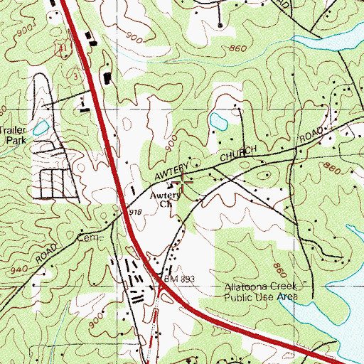 Topographic Map of Awtery Church, GA