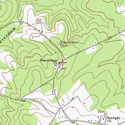 Topographic Map of Beaverdam Primitive Baptist Church, GA