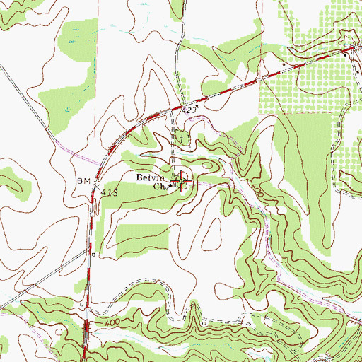 Topographic Map of Belvin Church, GA