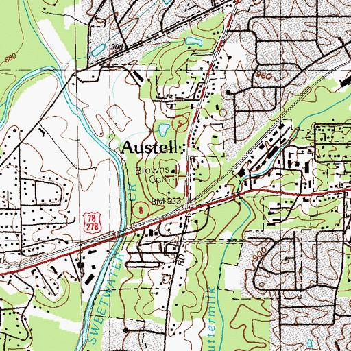 Topographic Map of Browns Cemetery, GA