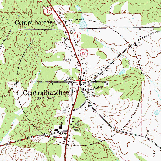 Topographic Map of Centralhatchee, GA