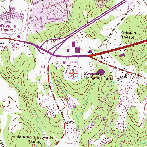 Topographic Map of Evergreen Memorial Park, GA
