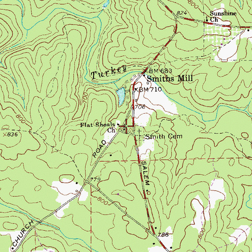 Topographic Map of Flat Shoals Church, GA