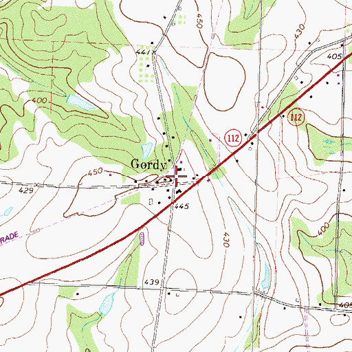 Topographic Map of Gordy, GA