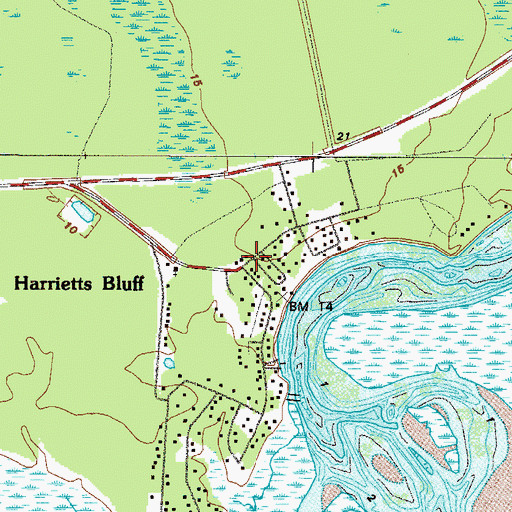 Topographic Map of Harrietts Bluff, GA