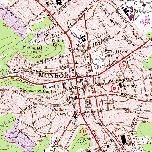 Topographic Map of Monroe, GA