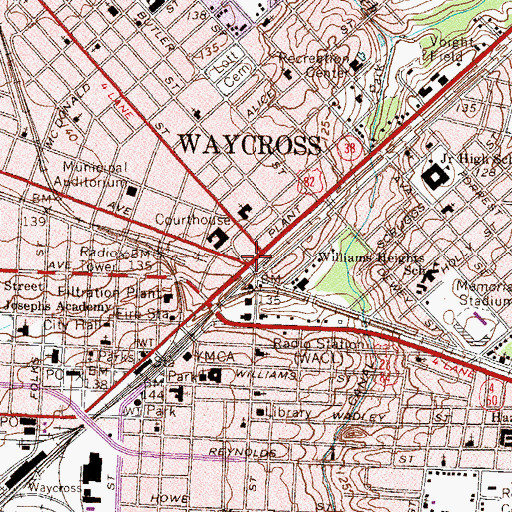 Topographic Map of Waycross, GA