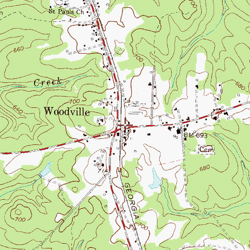 Topographic Map of Woodville, GA