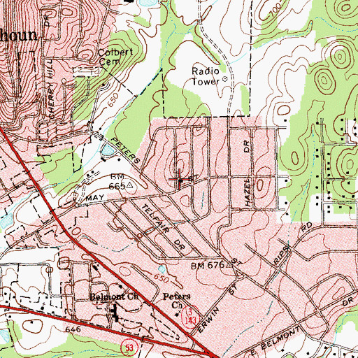 Topographic Map of East Calhoun Church of God, GA