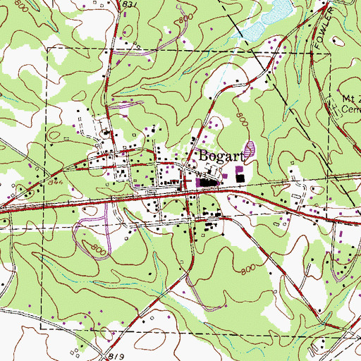 Topographic Map of Bogart Post Office, GA