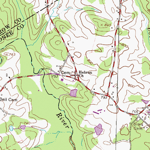 Topographic Map of Sims Cemetery, GA