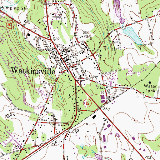 Topographic Map of Watkinsville Post Office, GA