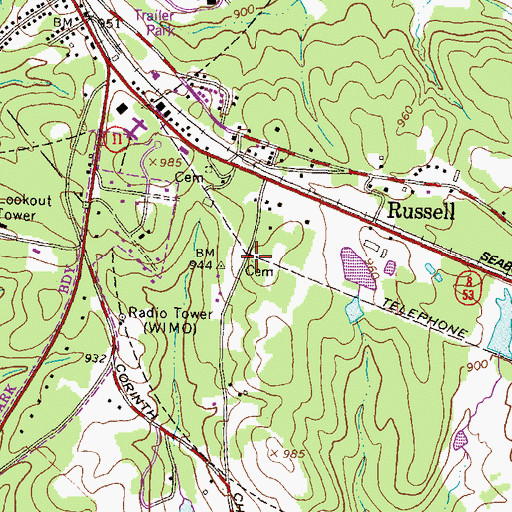 Topographic Map of Russell Cemetery, GA