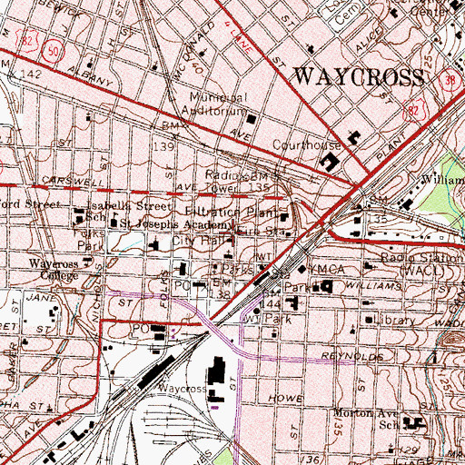 Topographic Map of Waycross City Hall, GA