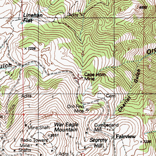 Topographic Map of Cape Horn Mine, ID