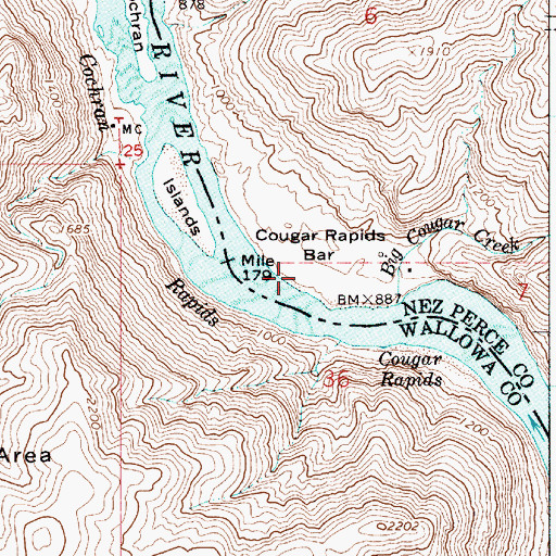 Topographic Map of Cougar Rapids Bar, ID