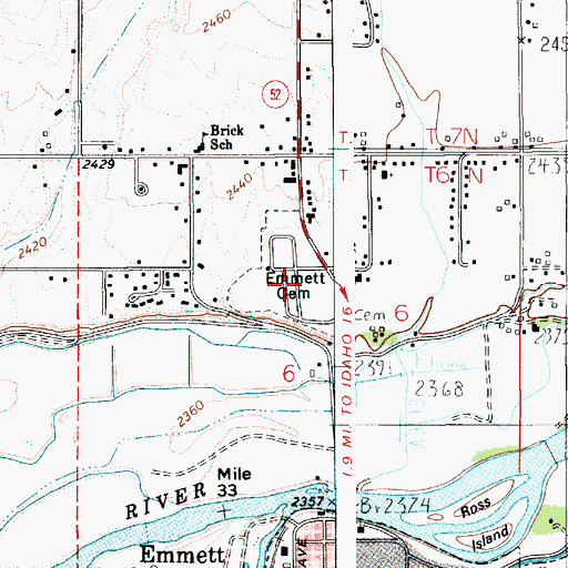 Topographic Map of Emmett Cemetery, ID