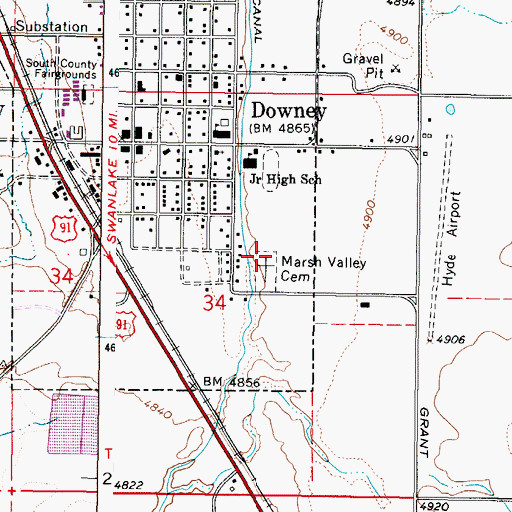 Topographic Map of Marsh Valley Cemetery, ID
