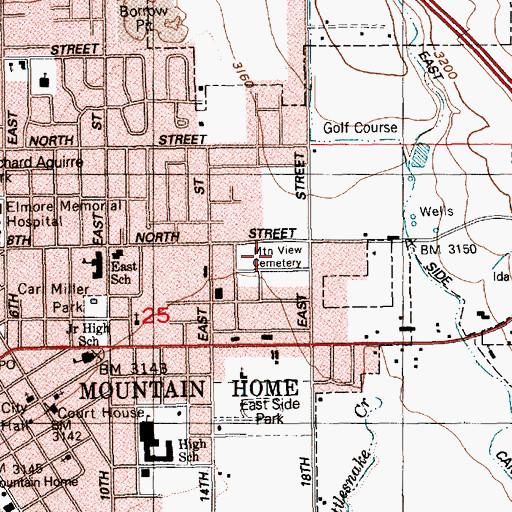 Topographic Map of Mountain View Cemetery, ID