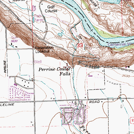 Topographic Map of Perrine Coulee Falls, ID