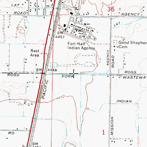 Topographic Map of Ross Fork Wasteway, ID