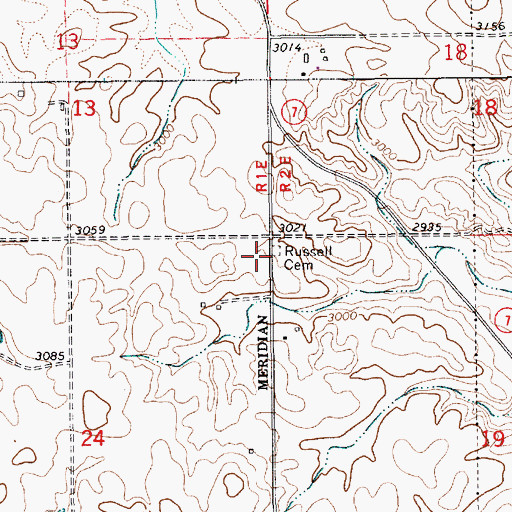 Topographic Map of Russell Cemetery, ID