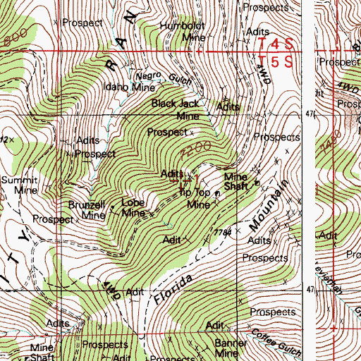 Topographic Map of Tip Top Mine, ID