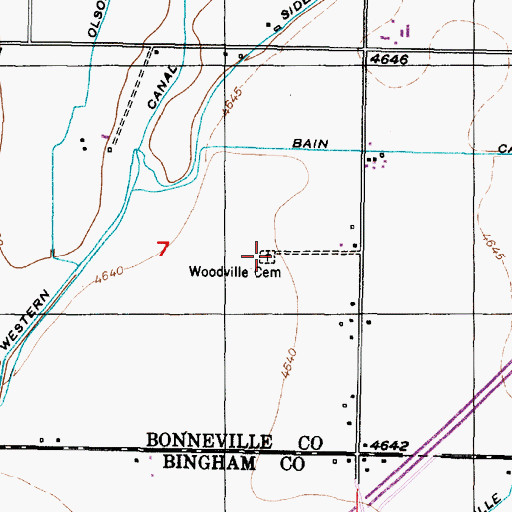 Topographic Map of Woodville Cemetery, ID