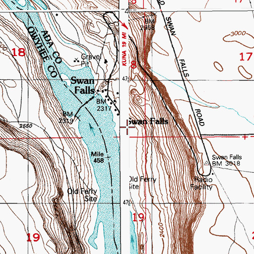 Topographic Map of Swan Falls, ID