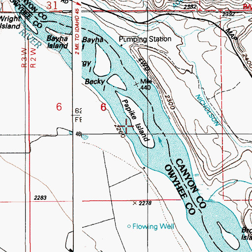Topographic Map of Popike Island, ID
