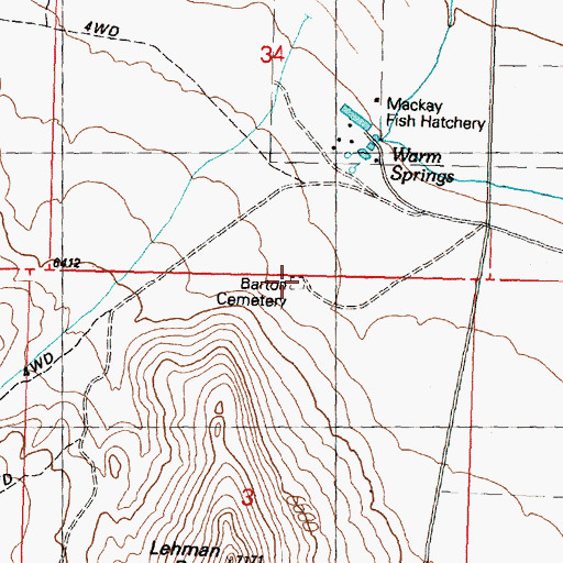 Topographic Map of Barton Flat Cemetery, ID