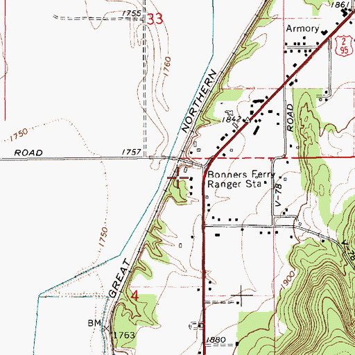 Topographic Map of Bonners Ferry Ranger Station, ID