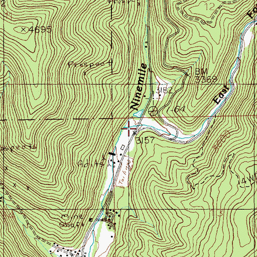 Topographic Map of East Fork Ninemile Creek, ID