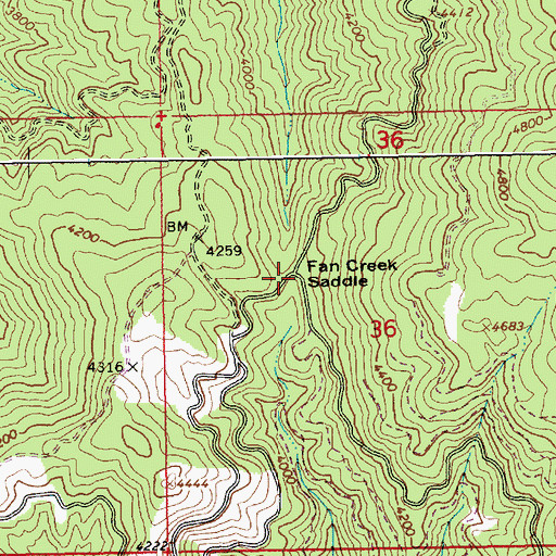 Topographic Map of Fan Creek Saddle, ID