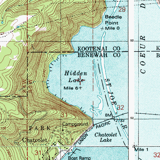 Topographic Map of Hidden Lake, ID