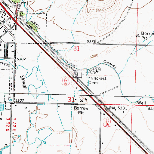Topographic Map of Hillcrest Cemetery, ID