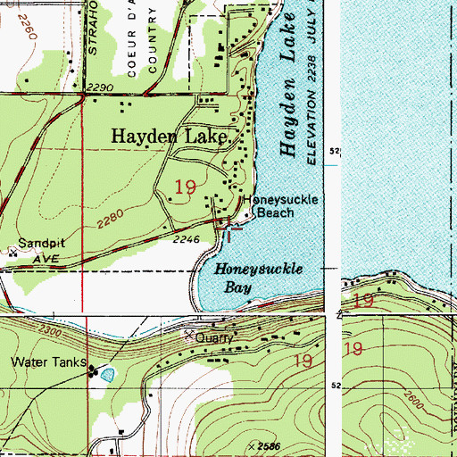 Topographic Map of Honeysuckle Beach, ID