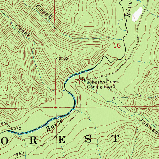 Topographic Map of Johnson Creek Campground, ID