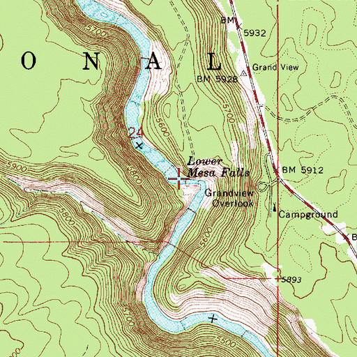 Topographic Map of Lower Mesa Falls, ID