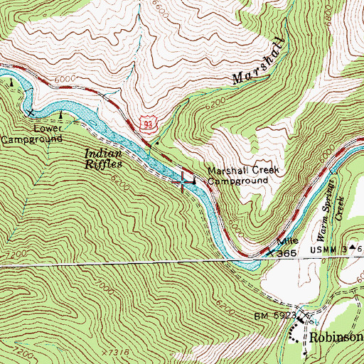 Topographic Map of Marshall Creek Campground, ID