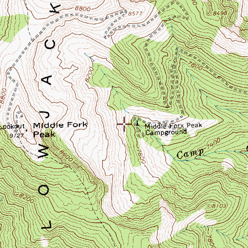 Topographic Map of Middle Fork Peak Campground, ID
