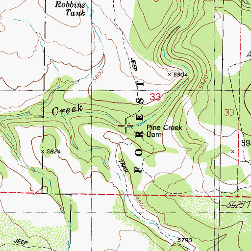 Topographic Map of Pine Creek Dam, AZ