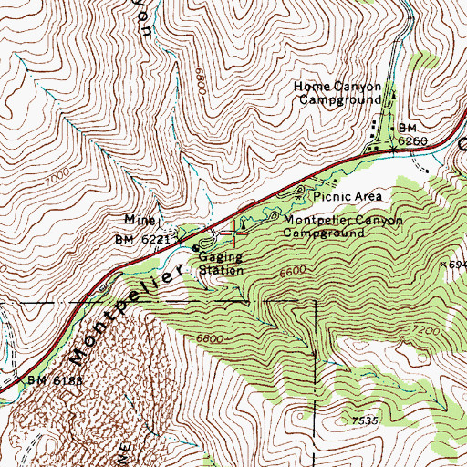 Topographic Map of Montpelier Canyon Campground, ID