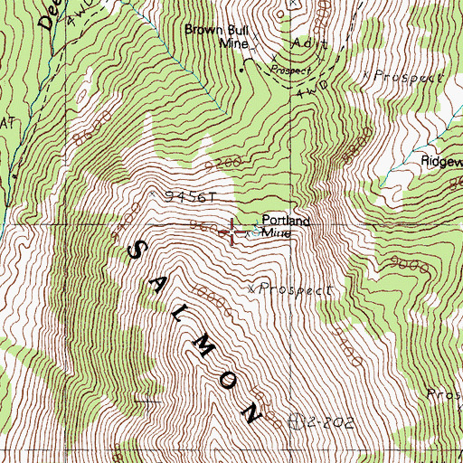 Topographic Map of Portland Mine, ID