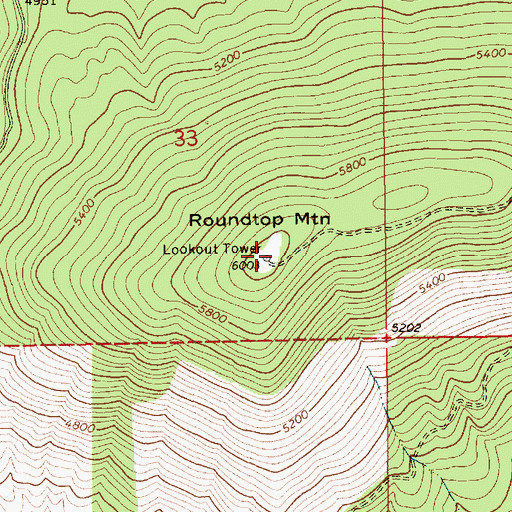 Topographic Map of Roundtop Mountain, ID