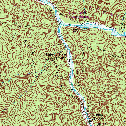 Topographic Map of Selway Falls Campground, ID