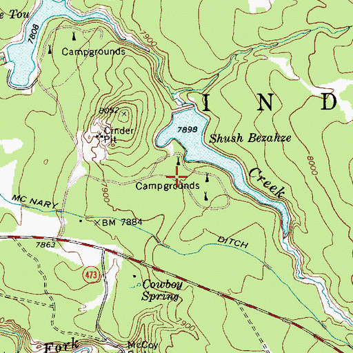 Topographic Map of Shush Bezahze Campgrounds, AZ